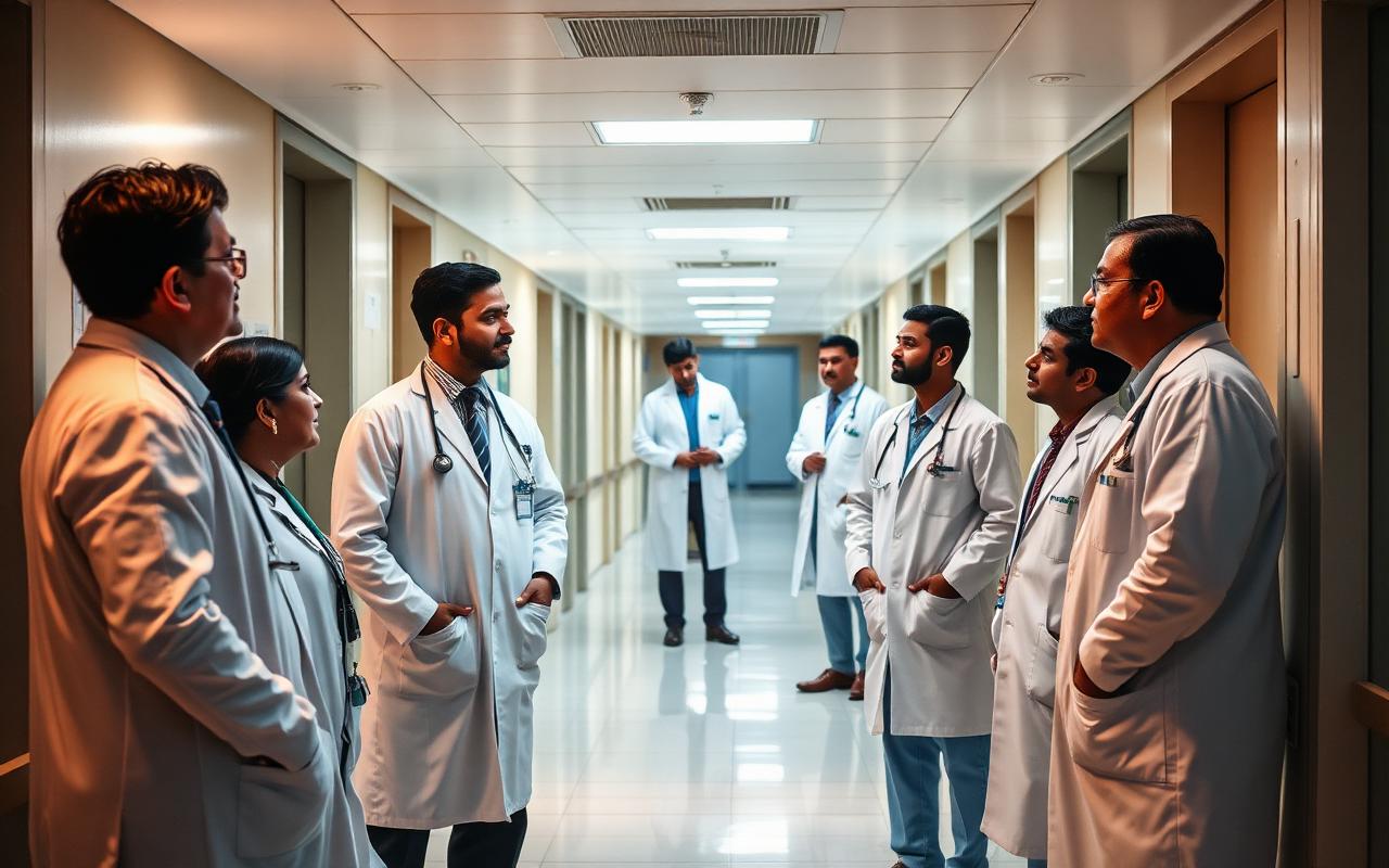 Indian doctors in white coats at a modern hospital